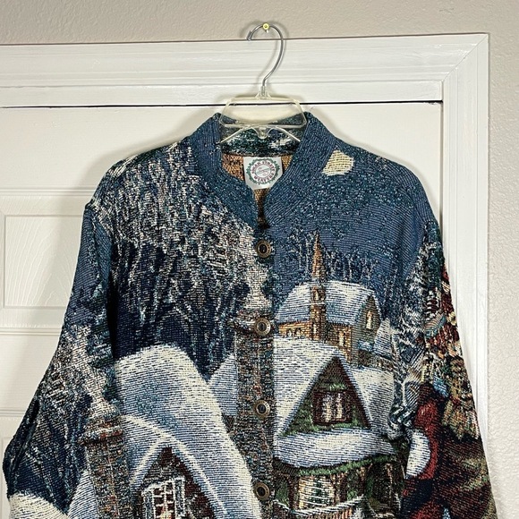 Christmas Tapestry Cardigan Jacket Vintage Santa Sugar Street Weavers Button Up - Picture 5 of 11
